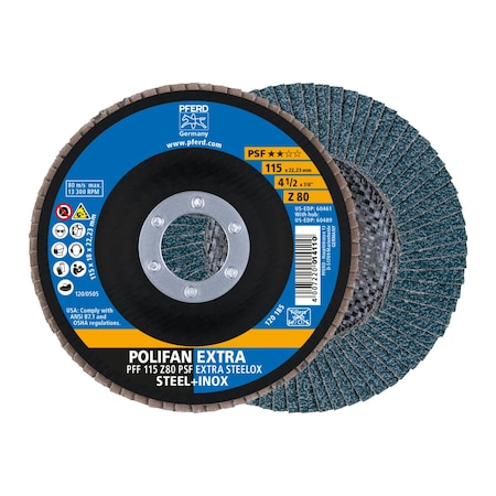 Pferd 4-1/2" x 7/8" A.H. POLIFAN Flap Disc - Z PSF EXTRA STEELOX, Zirconia, 80 Grit, Flat 60461